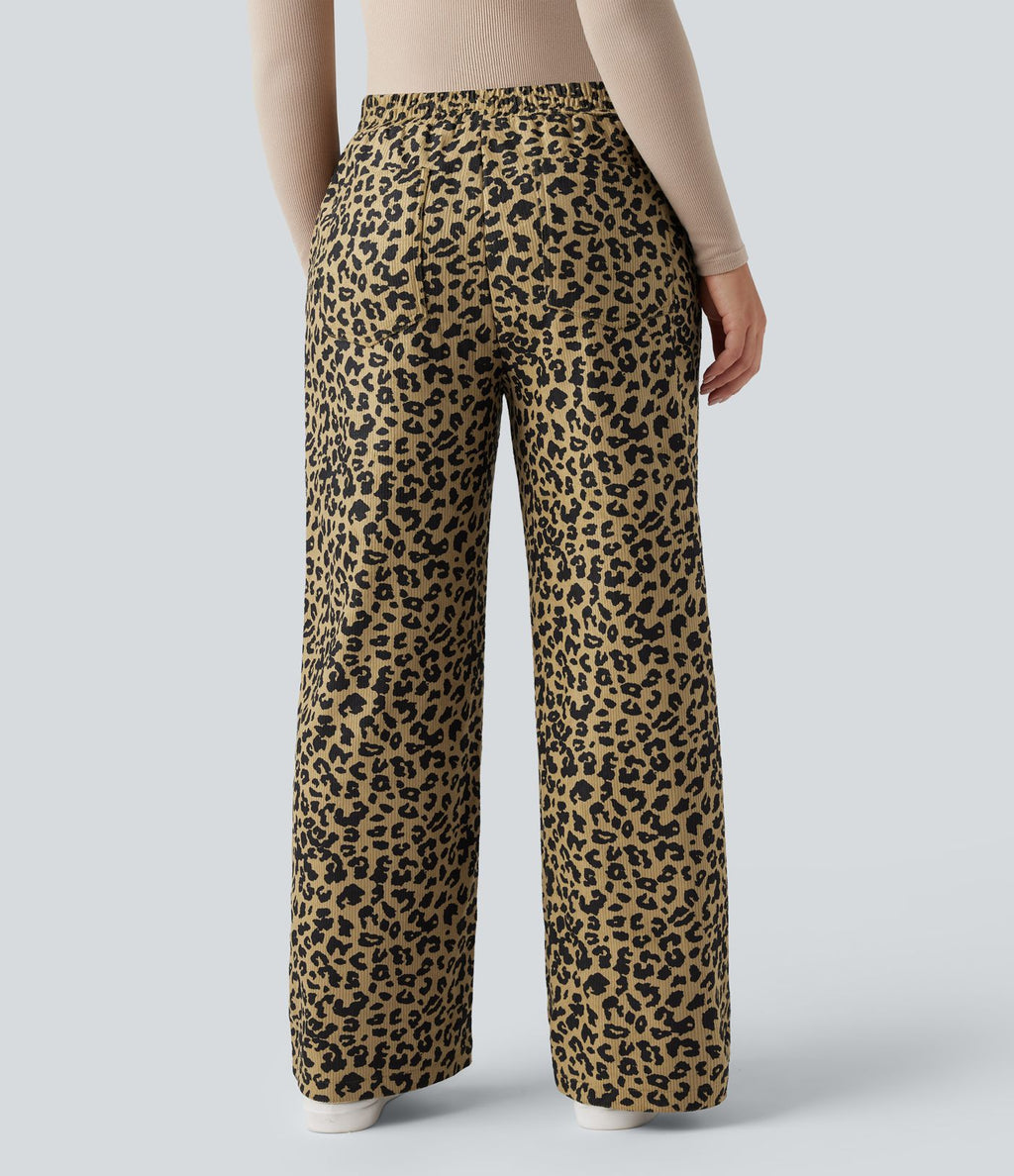 Pantalon léopard ample décontracté velours côtelé imprimé taille haute avec poches