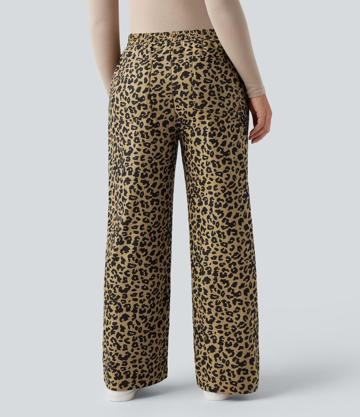 Pantalon léopard ample décontracté velours côtelé imprimé taille haute avec poches