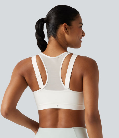 Brassière de sport d'entraînement maintien moyen col rond échancré dos nageur avec fermeture éclair, mesh contrasté et coussinets non amovibles