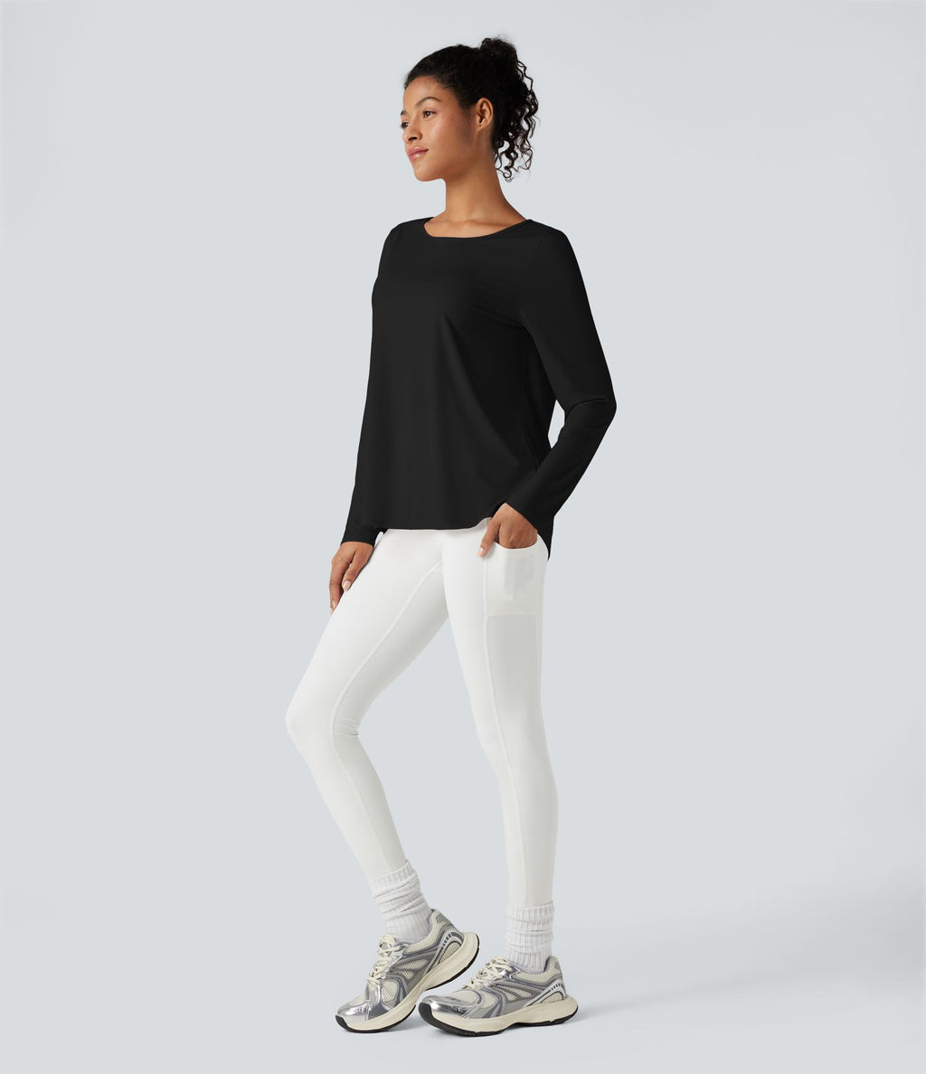Top de sport yoga décontracté col échancré manches longues fendu