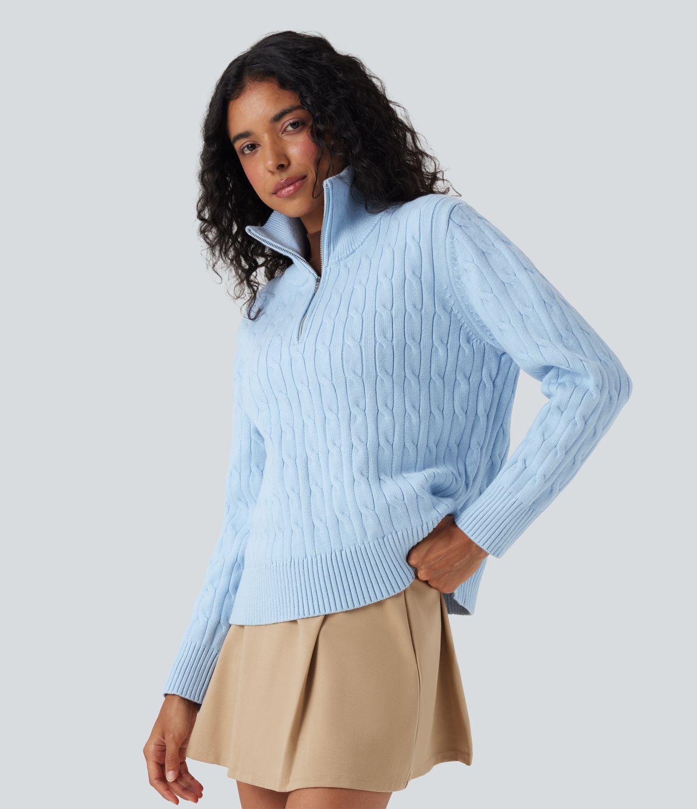 Pull de travail maille torsadée col montant demi-fermeture éclair