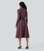Robe de travail midi manches longues à découpes et dos noué avec poches