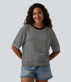 Pull décontracté rayé col rond manches courtes aspect lin