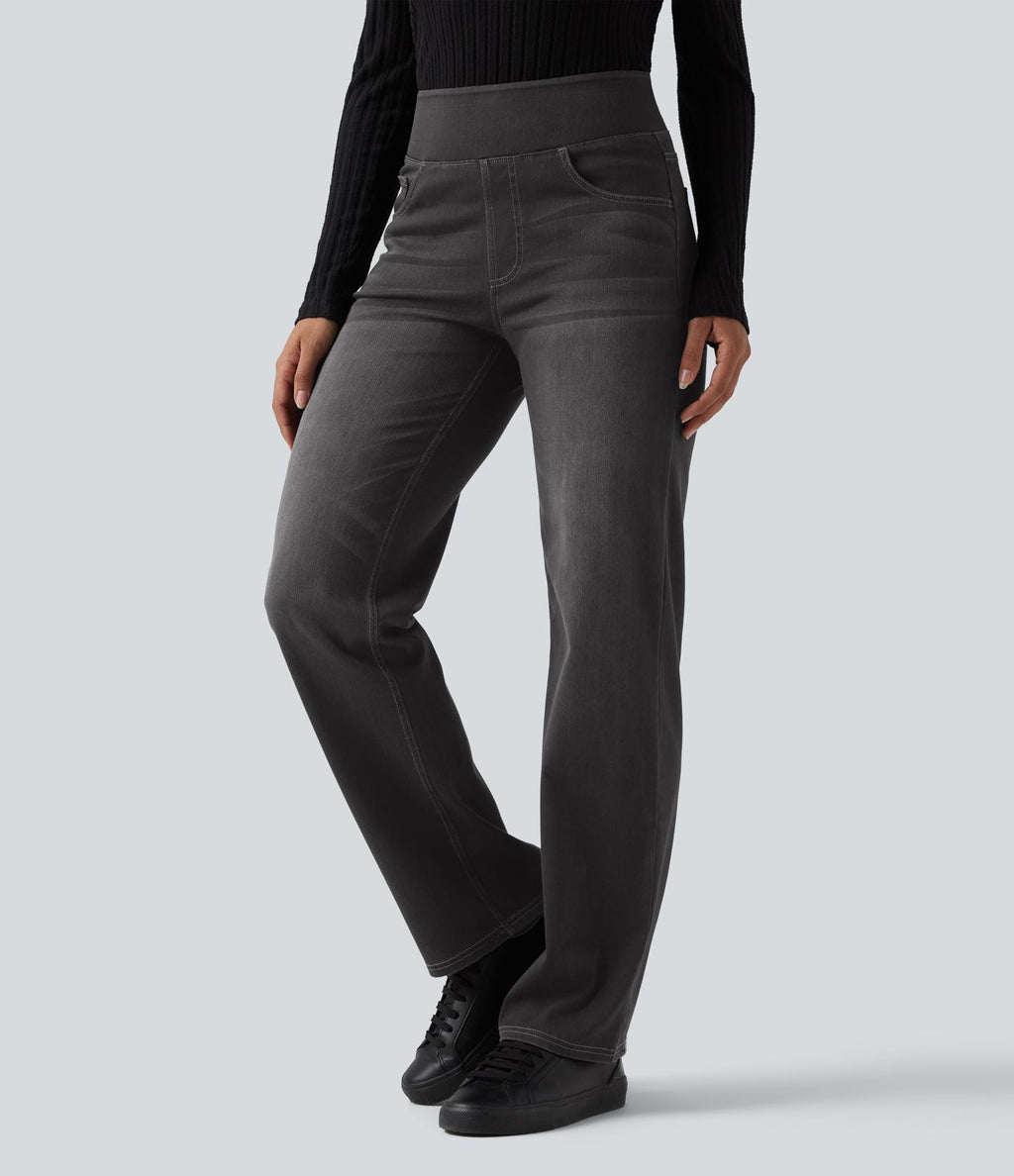 Jean décontracté Halara Flex™ taille haute, extensible, délavé, jambes droites avec poches multiples