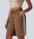 Short ample décontracté à taille mi-haute, cordon de serrage, rayures contrastées léopard, 25 cm, avec poches
