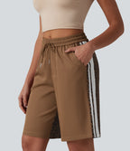Short ample décontracté à taille mi-haute, cordon de serrage, rayures contrastées léopard, 25 cm, avec poches