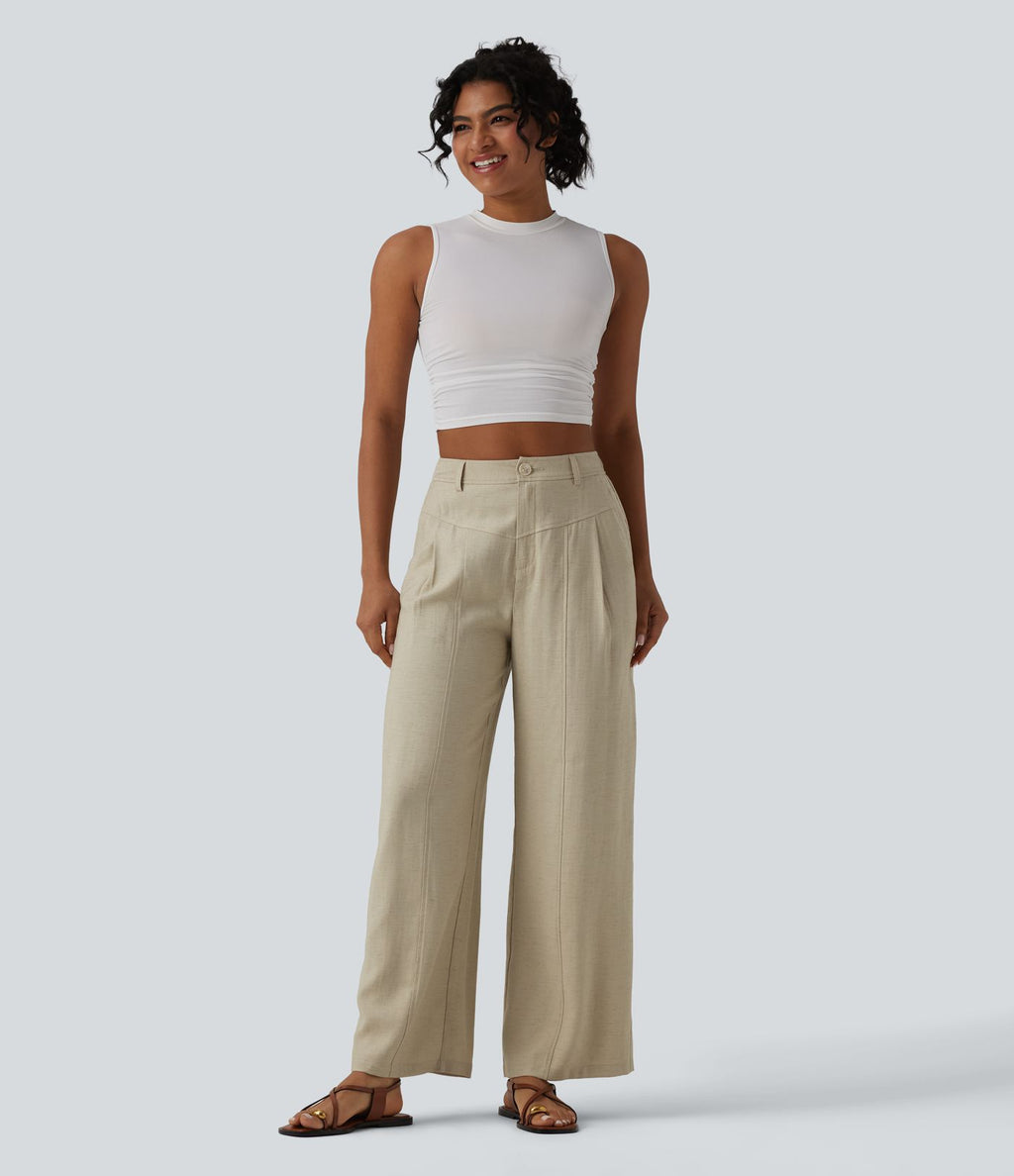 Pantalon large décontracté taille haute aspect lin avec poches