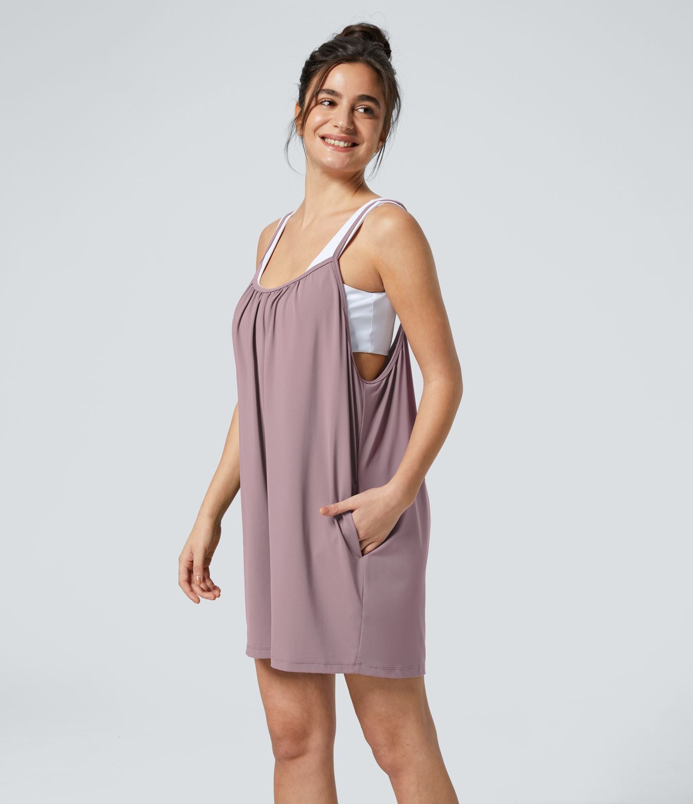 Combinaison Large Casual à Jambes Larges Solide avec Fines Bretelles Réglables Poches Latérales Plissées