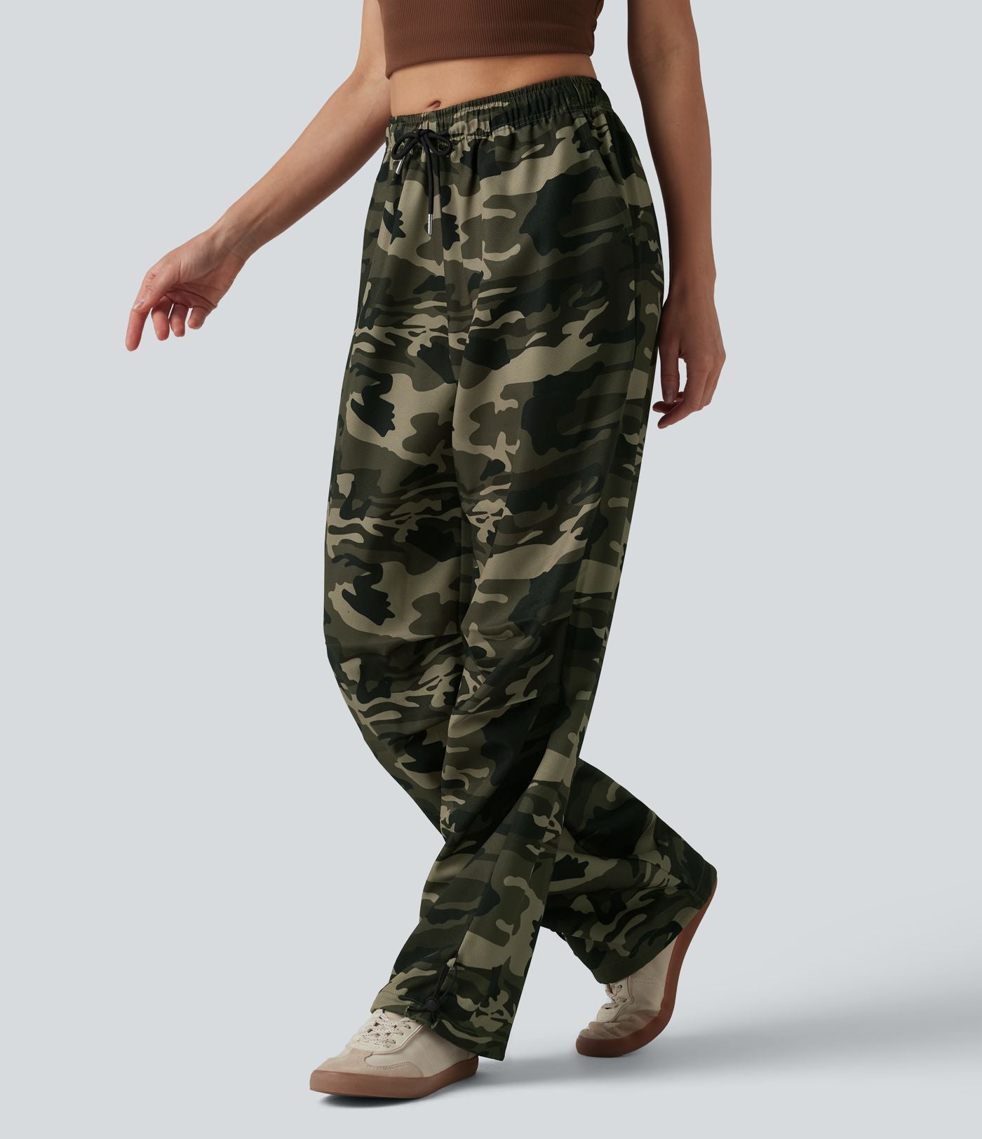 Pantalon cargo large décontracté camouflage taille mi-haute avec cordon de serrage et poches