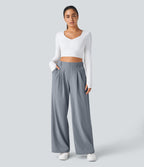 Pantalon Tailleur Large Fluide Halara Flex™ Gaufré Taille Haute Poches Latérales