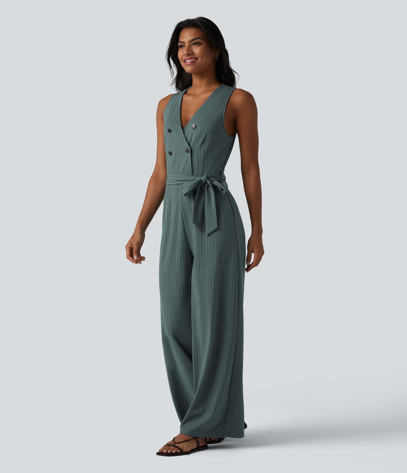 Combinaison tailleur sans manches à col V, ceinturée, avec zip invisible, rayures et effet frais avec poches, accès facile Easy Peasy