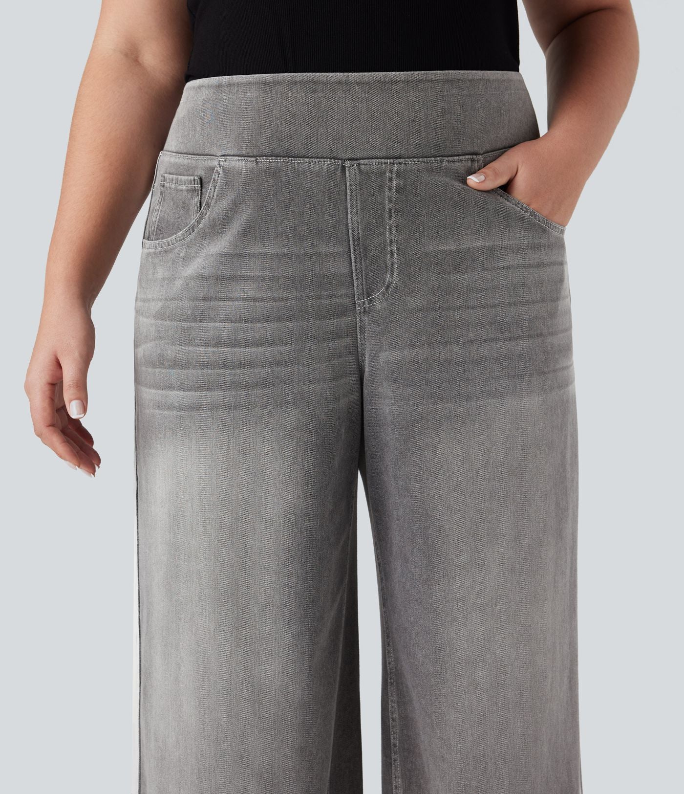 Halara Flex™ Jean large fluide taille haute à rayures délavé décontracté grande taille avec poches
