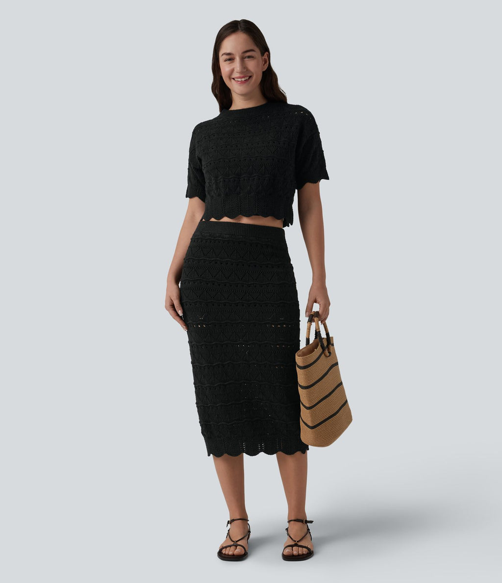 Jupe mi-longue maille ajourée 2-en-1 taille haute avec poches