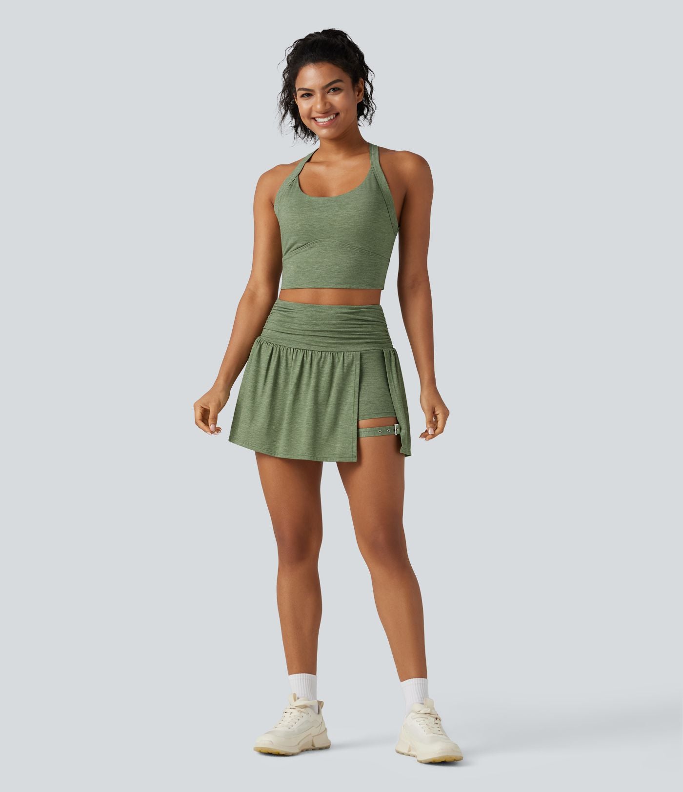 Jupe mini trapèze de sport 2-en-1 taille haute froncée avec poche latérale