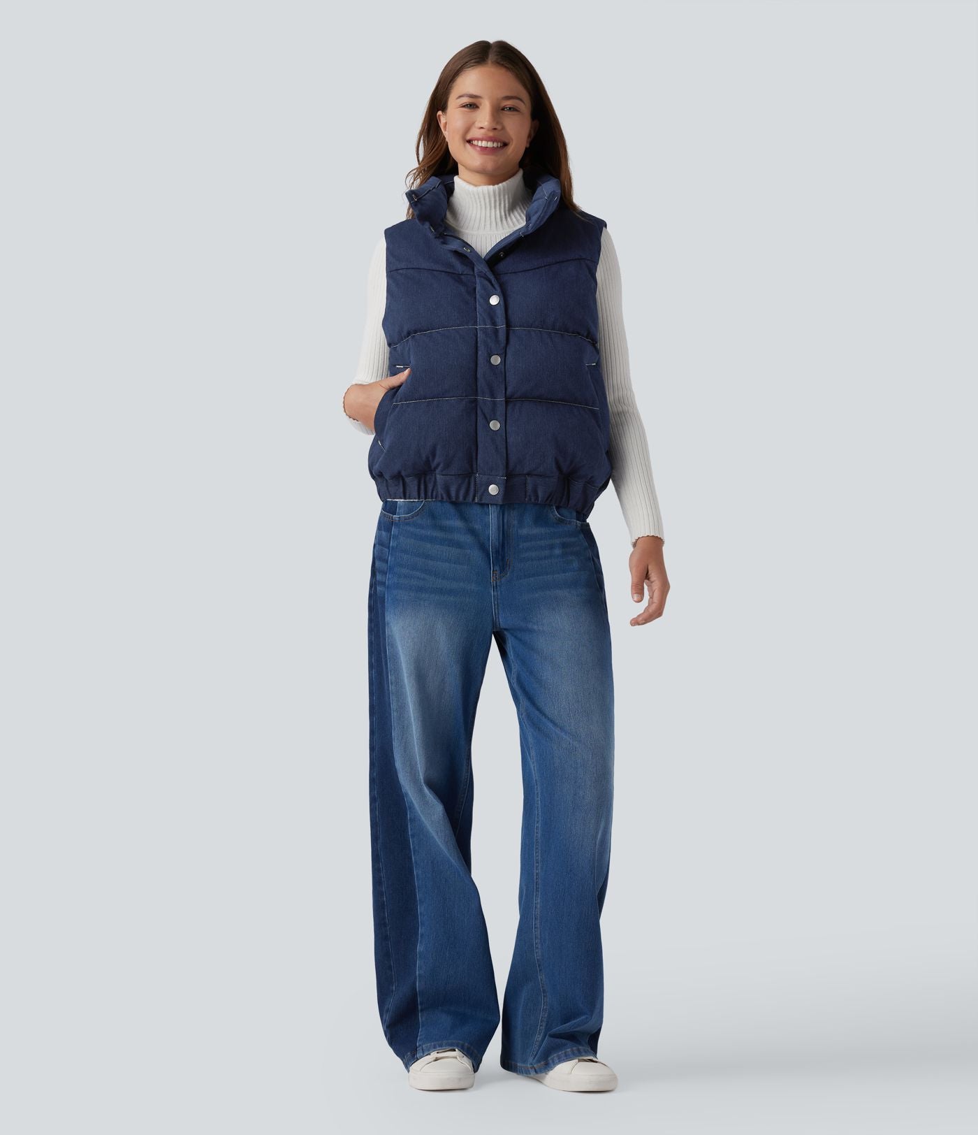 Halara Flex™ Doudoune sans manches en denim à col montant avec poches