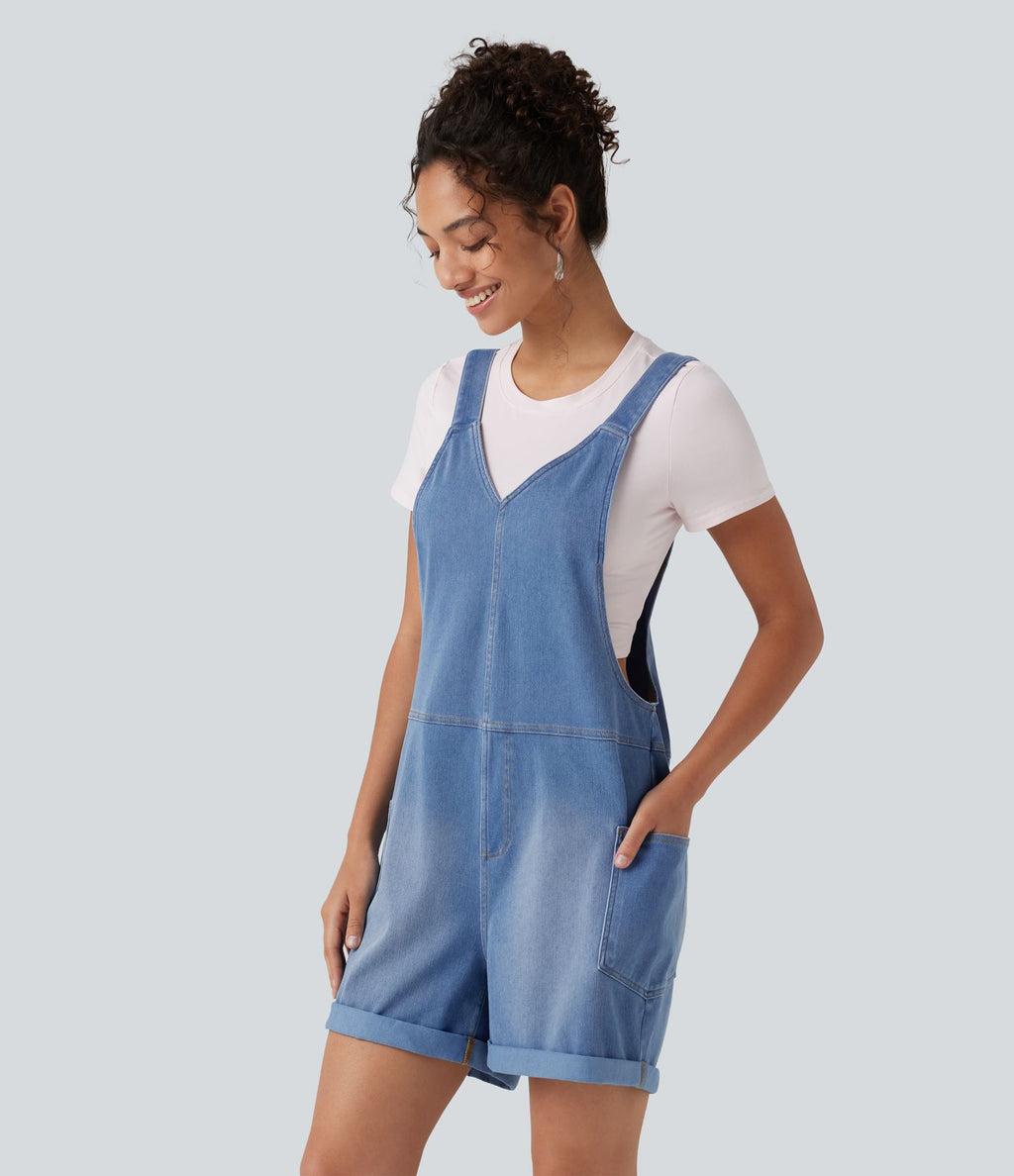 Salopette en jean Halara Flex™ col V délavée décontractée à ourlet roulotté avec poches