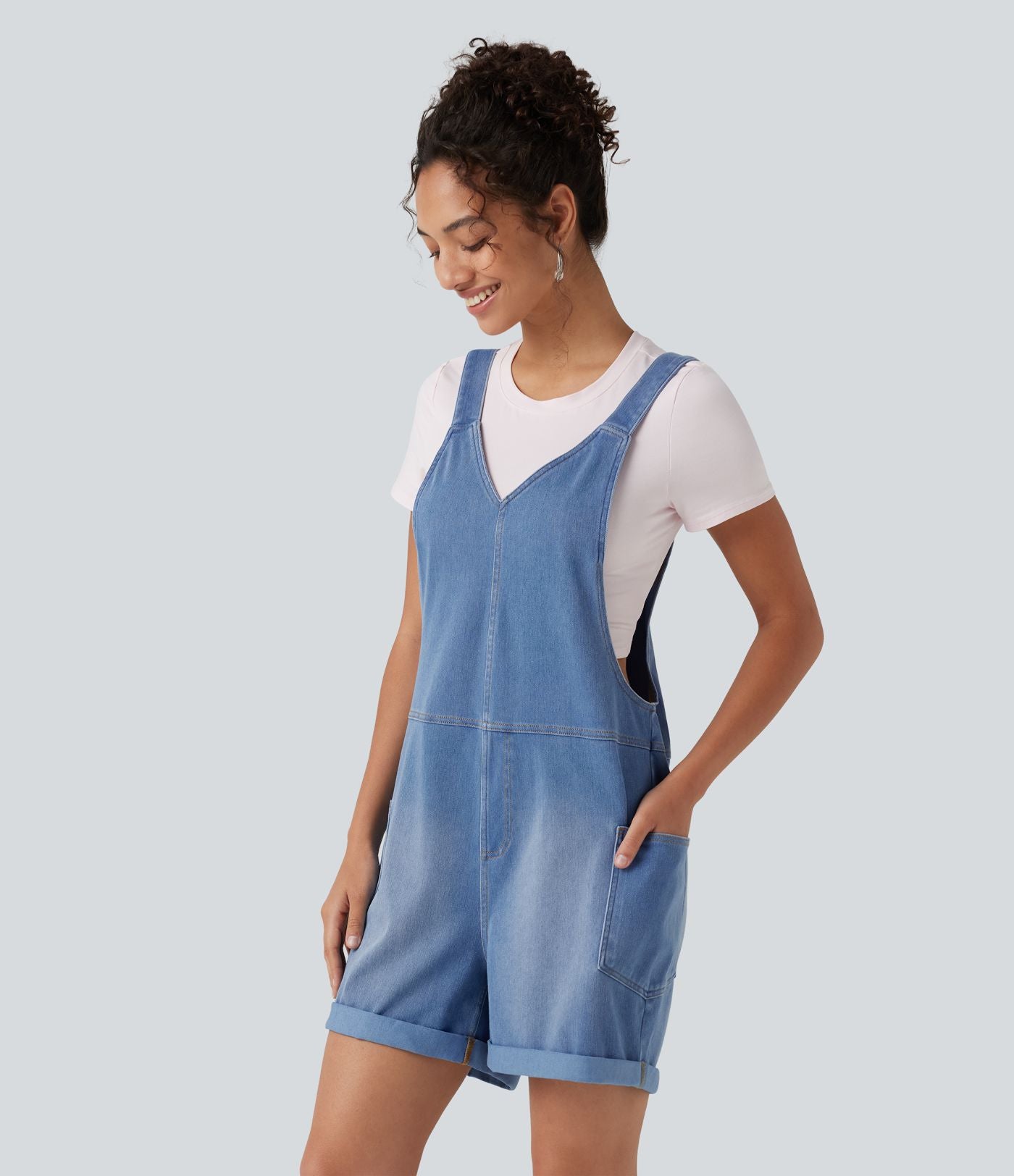 Salopette en jean Halara Flex™ col V délavée décontractée à ourlet roulotté avec poches