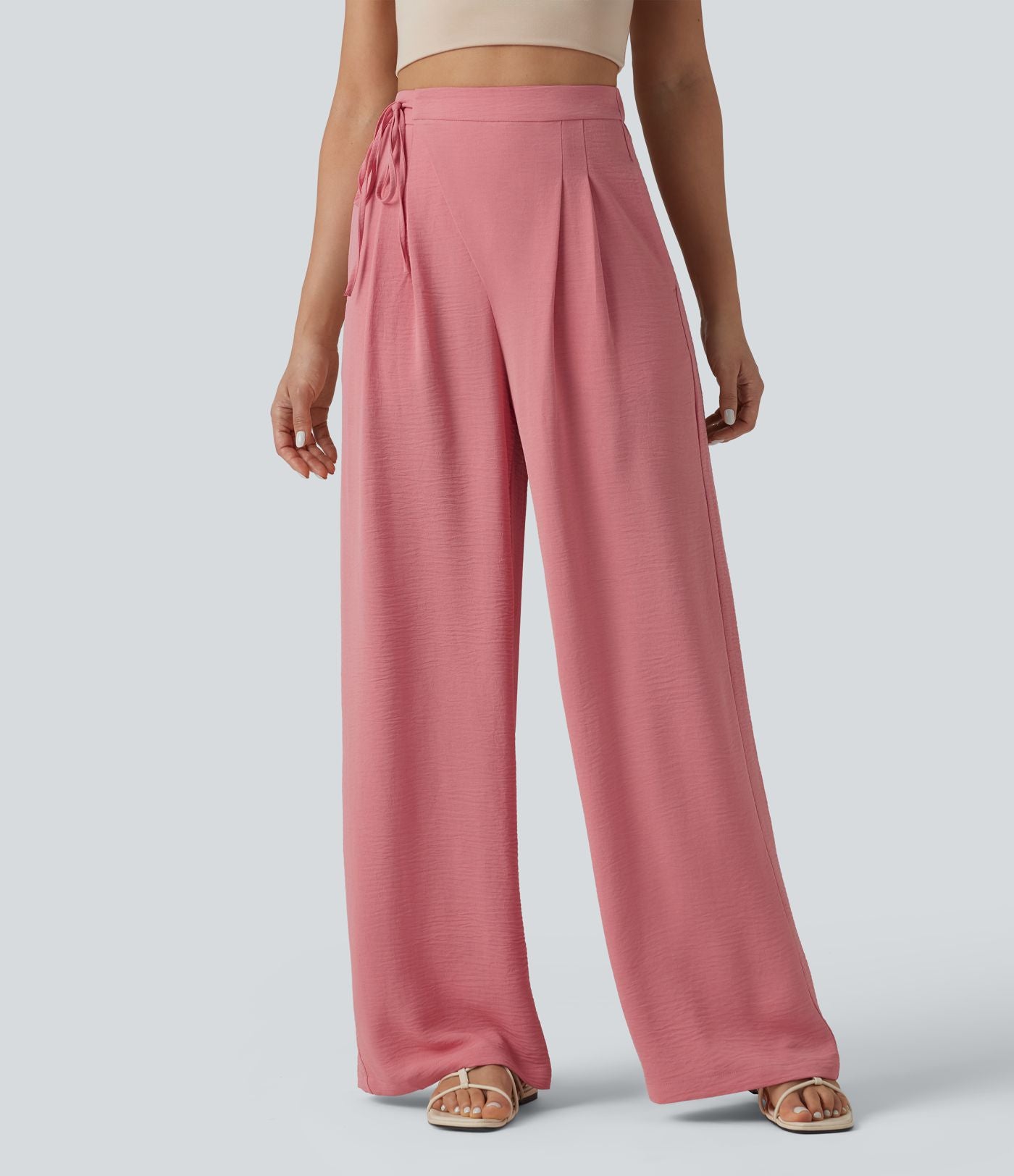 Pantalon détente  effet lin taille haute, cordon latéral avec poches