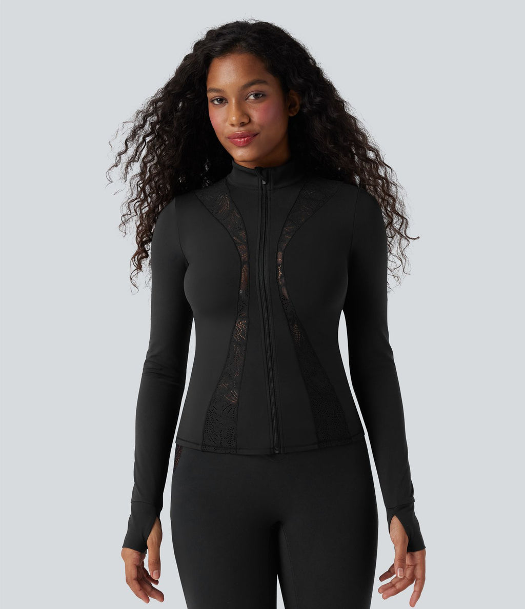 Veste ajustée yoga SoftlyZero™ dentelle contrastante avec trous pouces-UPF50+