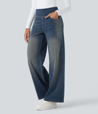 Halara Flex™ Jean Large Casual Taille Haute Poches Multiples Tricot Extensible Délavé