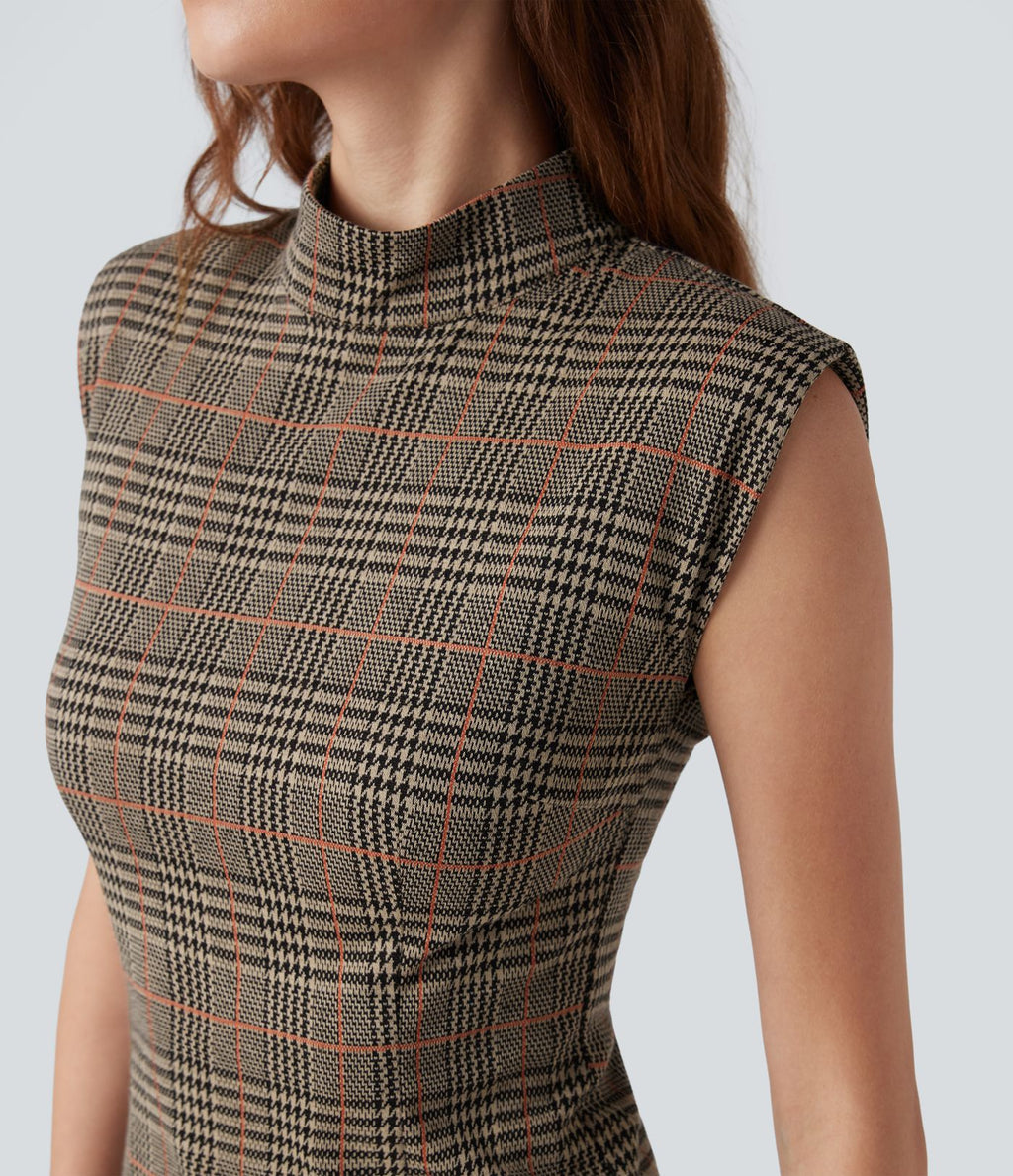 Robe de travail midi moulante sans manches col montant pied-de-poule à carreaux