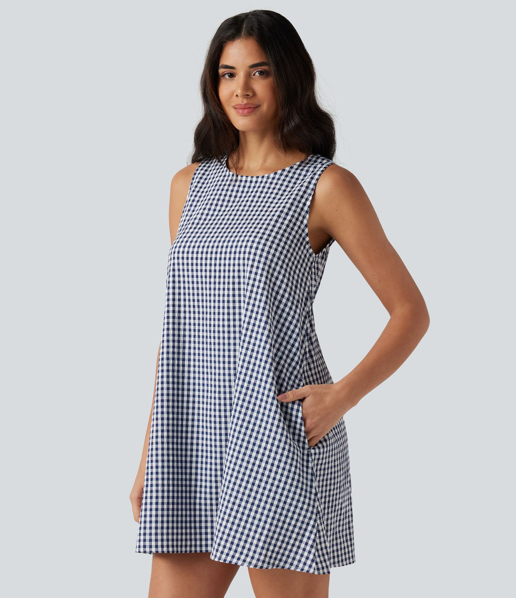Robe débardeur mini décontractée col rond sans manches en vichy froissé avec poches
