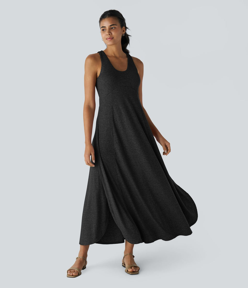 Robe Casual Débardeur Longue Fluide Fendue Dos Nu à Col en U