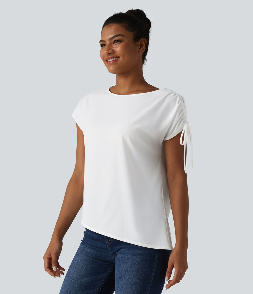 T-shirt tailleur en mousseline infroissable col bateau avec cordon de serrage et ourlet asymétrique