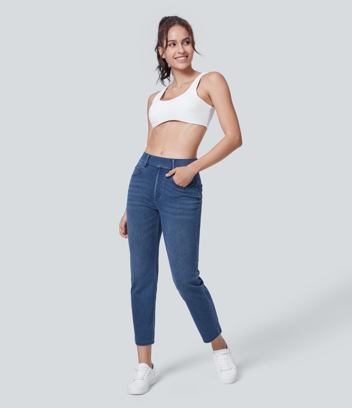 HalaraMagic™ Jean 7/8 Travail en Tricot Extensible Lavé à Jambes Droites et Poches Multiples à Taille Mi-Haute