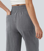 Pantalon flare taille haute effet lin avec poches