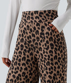 Pantalon large décontracté taille haute gaufré imprimé léopard avec poches