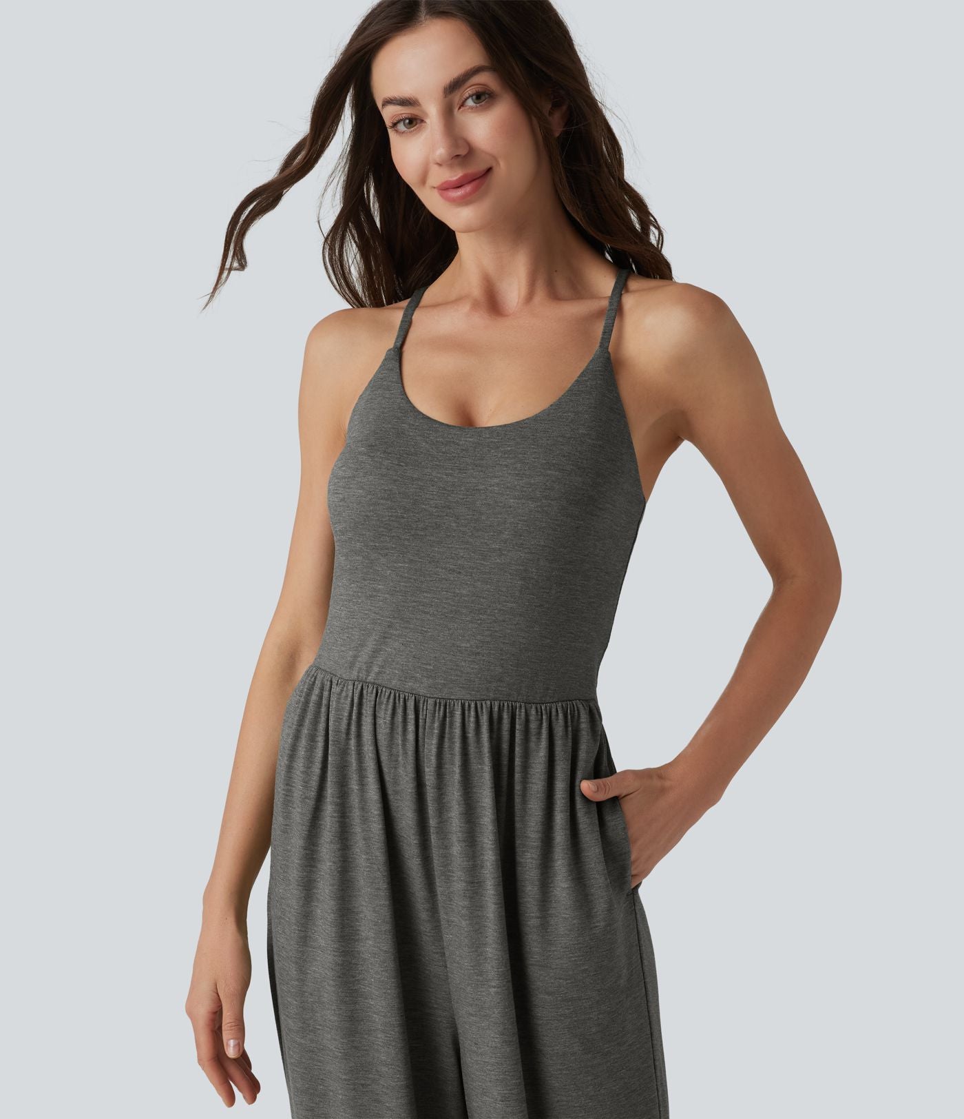 Combinaison décontractée chinée sans manches à dos croisé et soutien-gorge intégré, avec poches - Easy Peasy