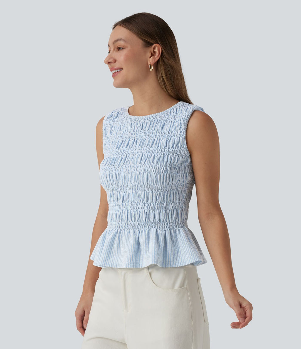 Top casual à rayures col bateau sans manches avec smocks et ourlet à volants