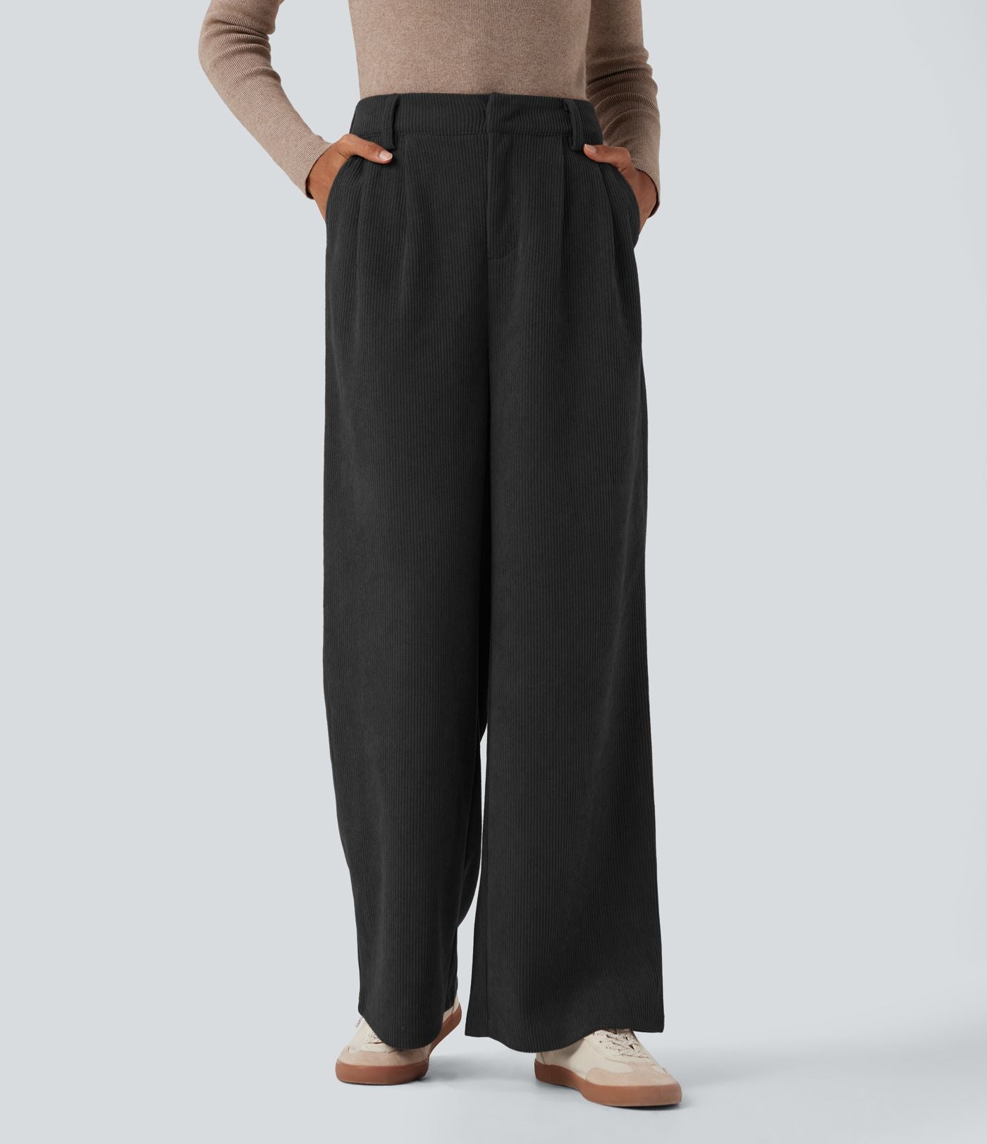 Pantalon ample décontracté velours côtelé taille haute avec poches