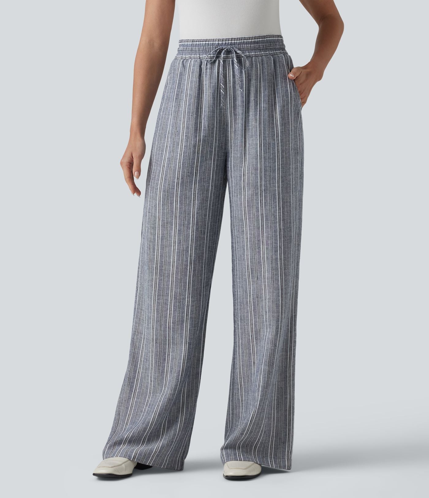 Pantalon tailleur large en lin rayé taille haute avec cordon de serrage et poches