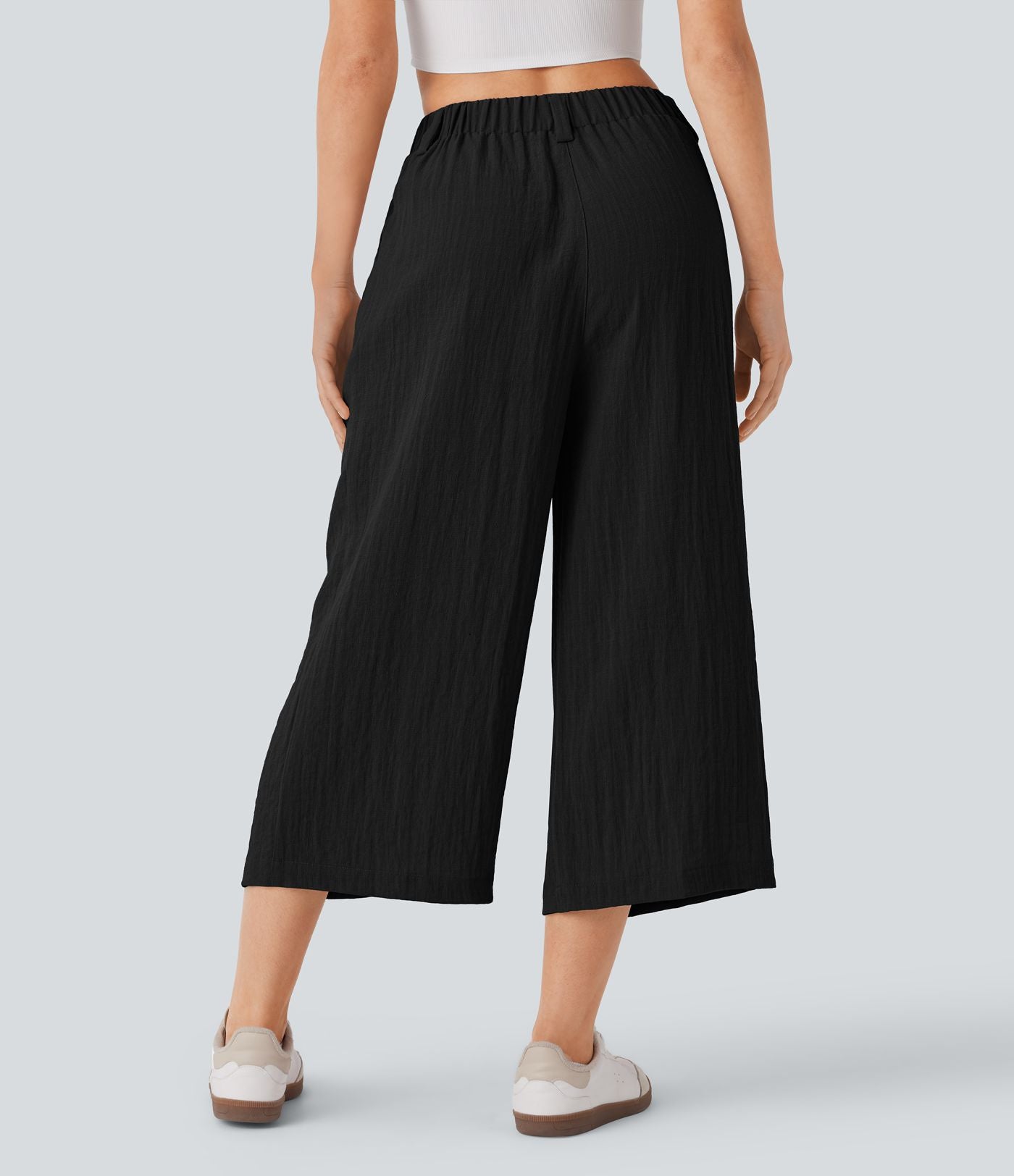 Pantalon décontracté palazzo capri uni effet lin, taille haute, large, avec poches