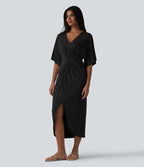 Robe midi col V manches chauve-souris ourlet tulipe torsadé