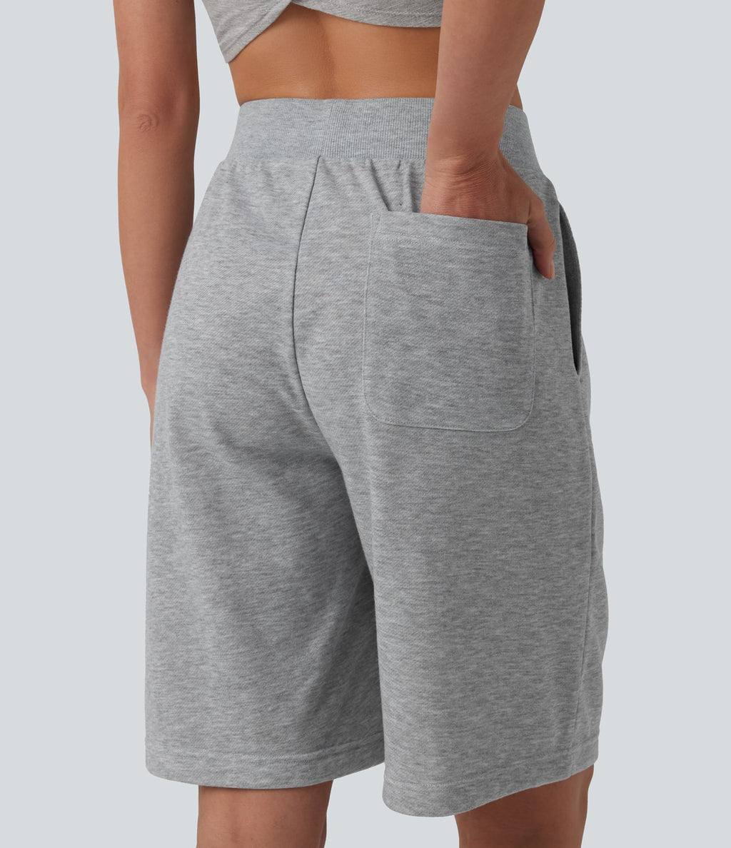 Bermuda casual ample taille mi-haute en molleton français à cordon de serrage intérieur avec poches