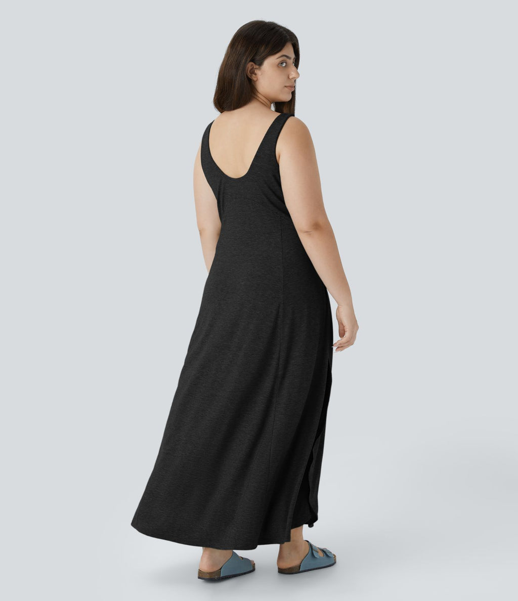 Robe Maxi Casual Grande Taille à Col U Sans Dos Fendue et Fluide