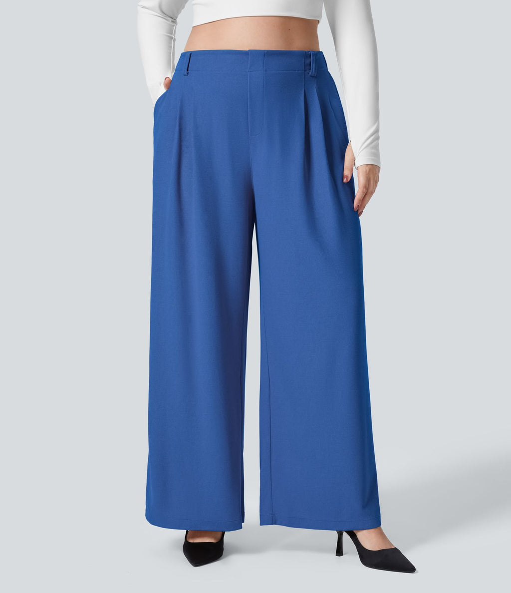 Halara Flex™ Pantalon tailleur Grande taille à Taille Haute, Poches Latérales Plissées, Jambes Larges, en Tissu Gaufré