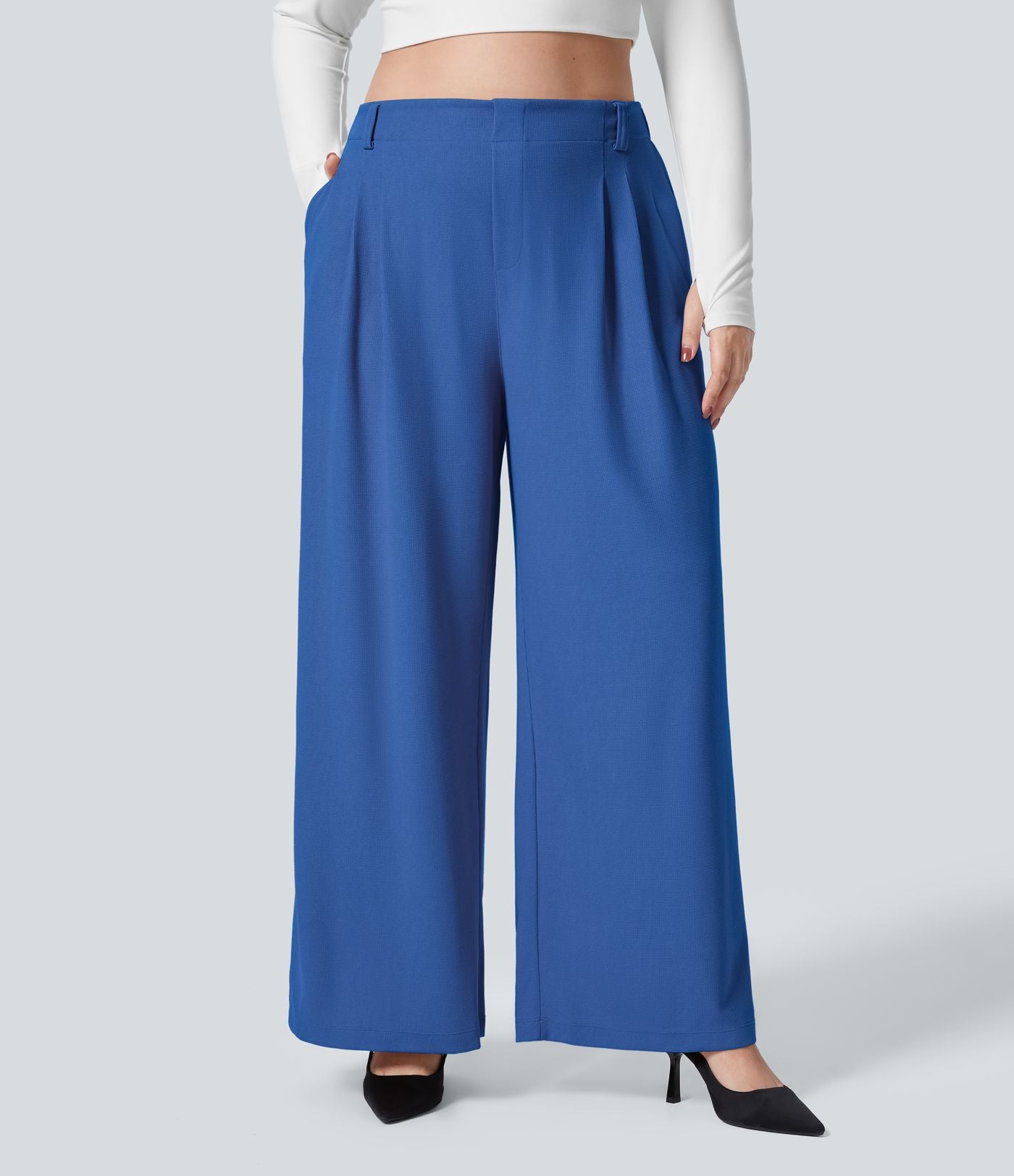 Halara Flex™ Pantalon tailleur Grande taille à Taille Haute, Poches Latérales Plissées, Jambes Larges, en Tissu Gaufré