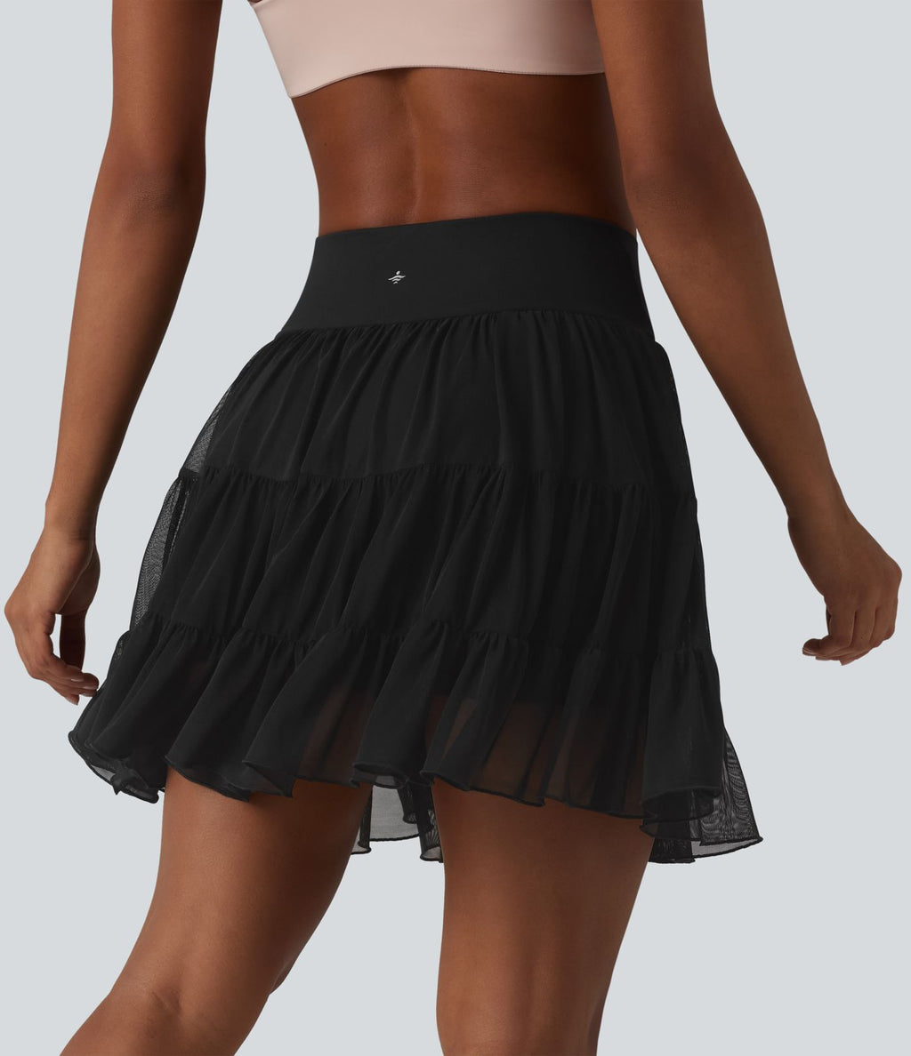 Jupe mini de tennis 2 en 1 croisée évasée taille haute avec poches - longueur allongée