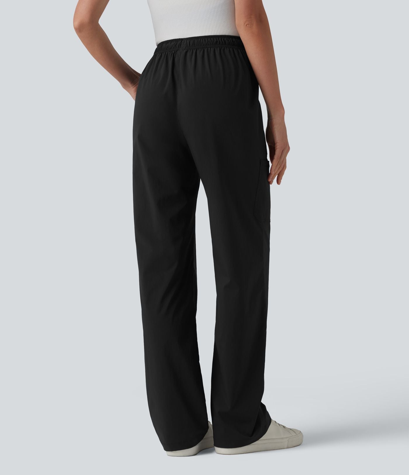 Pantalon cargo droit taille mi-haute avec cordon de serrage, longueur ajustable et poches