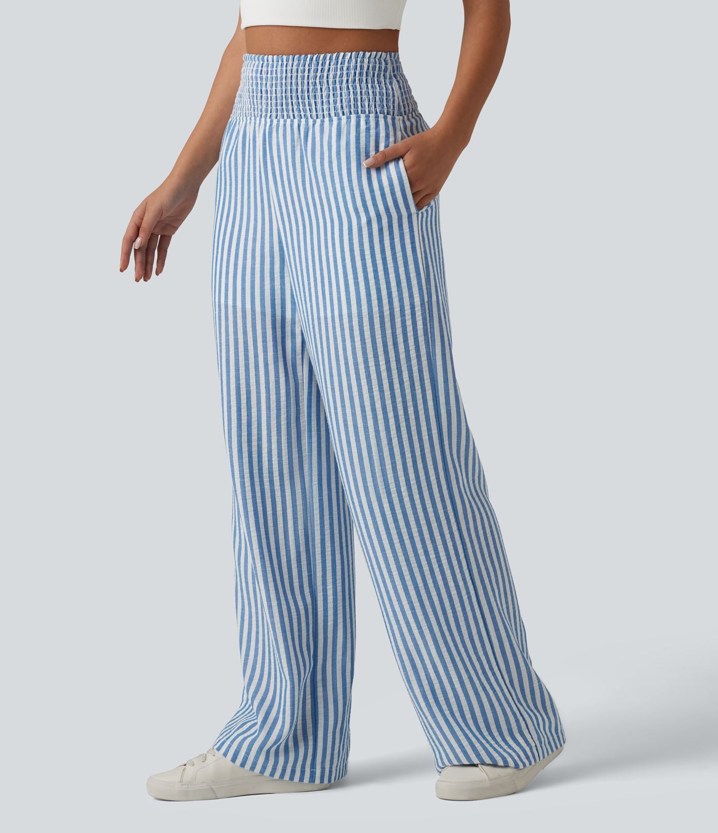 Pantalon coupe droite décontracté 2 en 1 taille haute froncé à rayures aspect lin avec poches