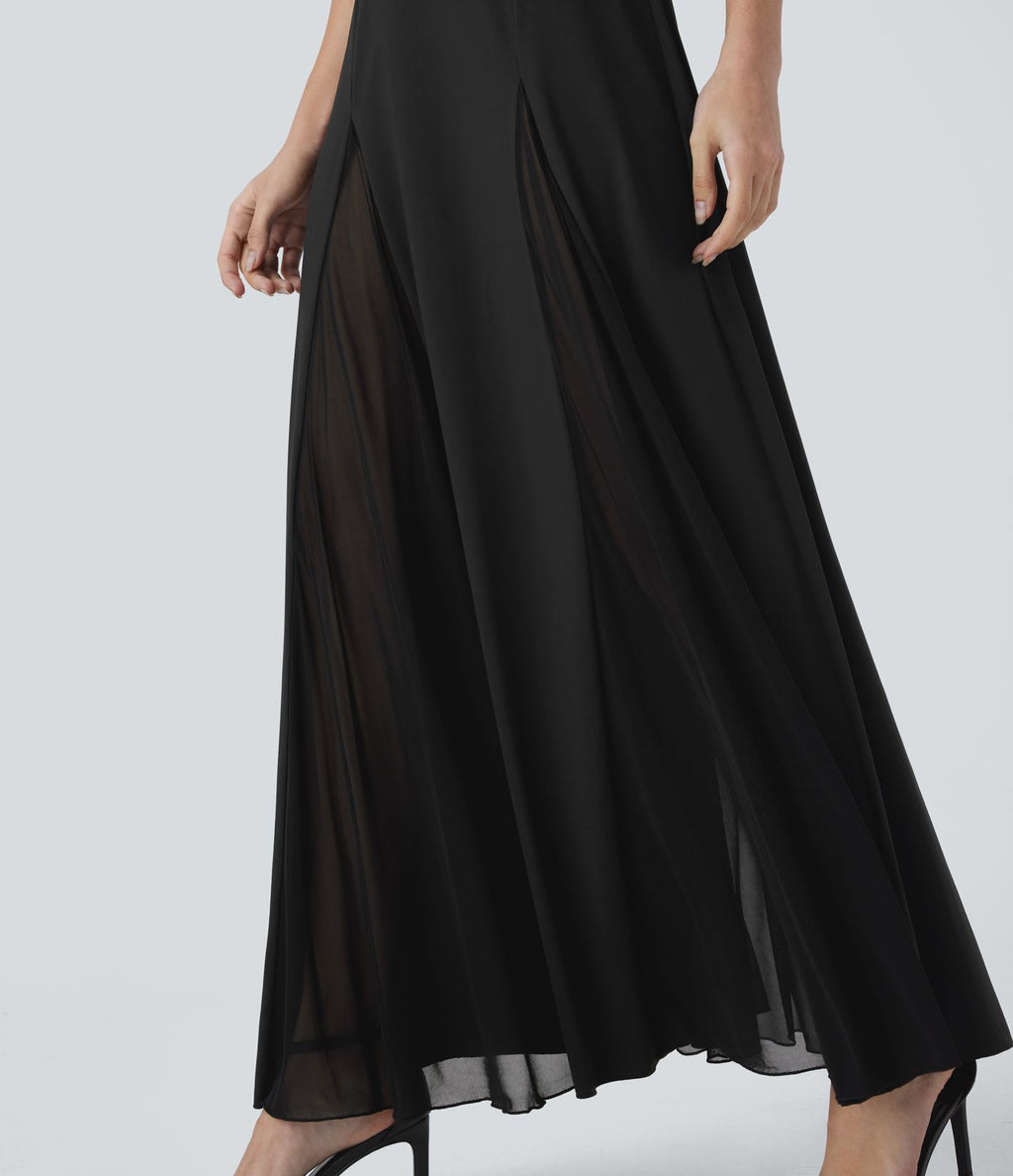 Robe longue fluide à bretelles ajustables avec maille contrastée pour demoiselle d'honneur et invitée de mariage