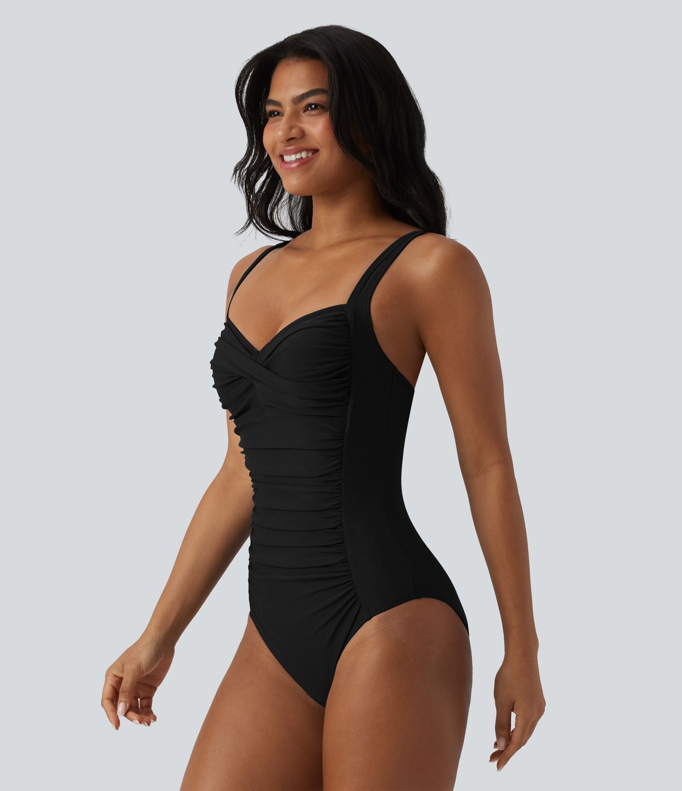 Maillot de bain une pièce gainant push-up col Queen Anne bretelles ajustables torsadé froncé
