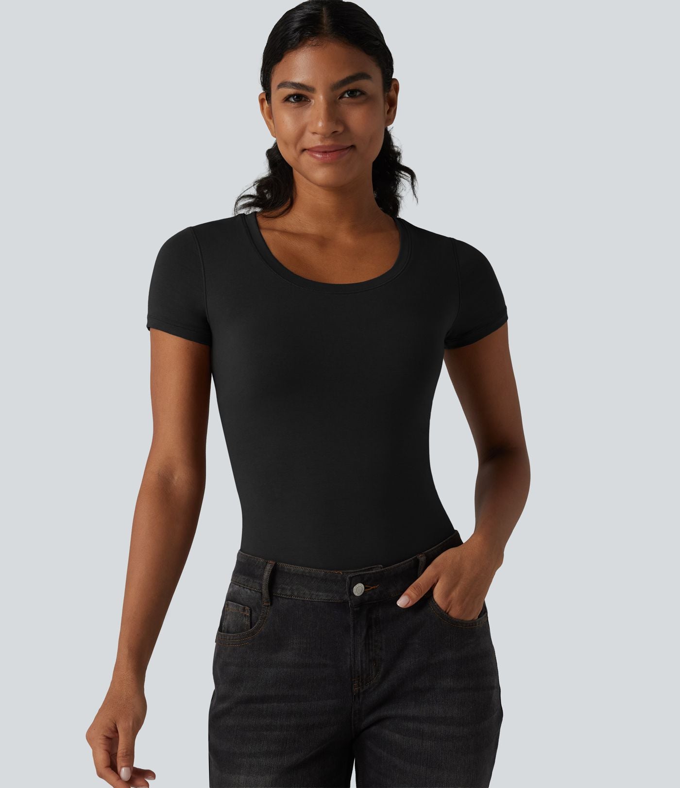 Halara T-shirt en jersey de coton col rond échancré manches courtes avec soutien-gorge intégré bonnets B-DD