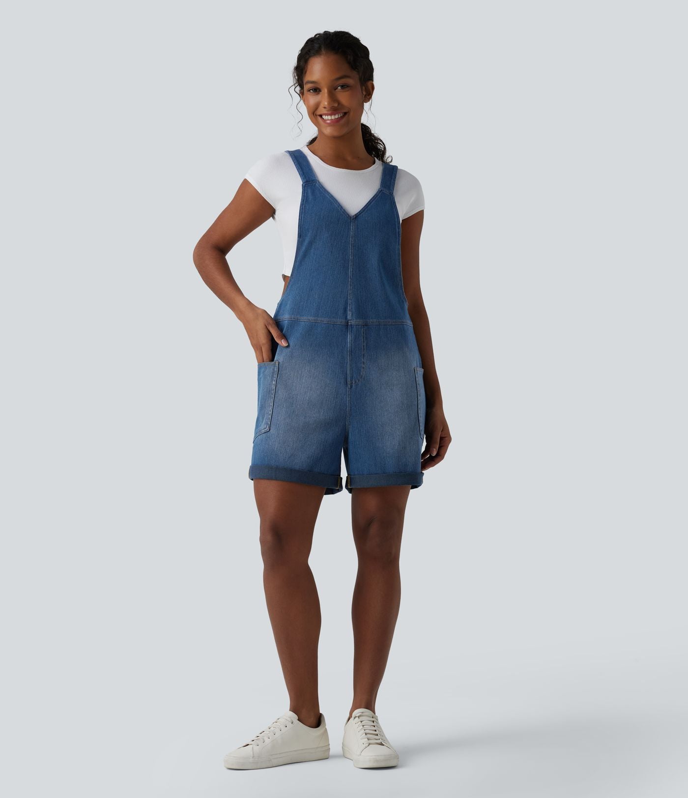 Salopette en jean Halara Flex™ col V délavée décontractée à ourlet roulotté avec poches