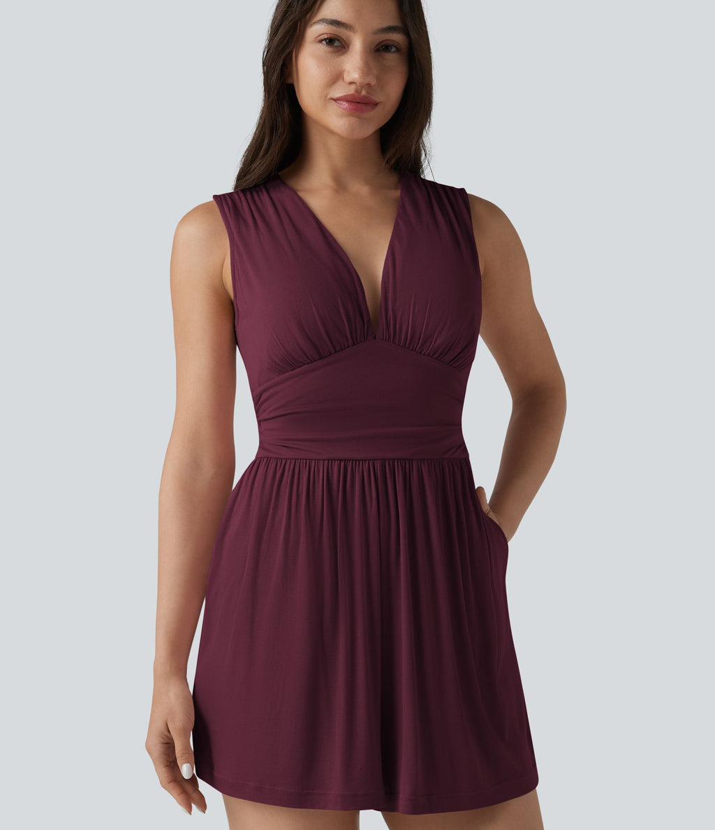 Combishort casual côtelé sans manches col V, fronces et soutien-gorge intégré, avec poches – Easy Peasy