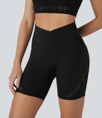 Short cycliste yoga 7'' Softlyzero™ taille haute croisé dentelle contrastante avec poches - UPF50+